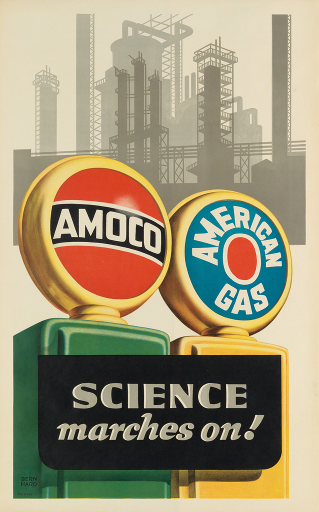 LUCIAN BERNHARD (1883-1972). AMOCO / AMERICAN GAS / SCIENCE MARCHES ON! Circa 1950. 42x26 inches, 108x66 cm.